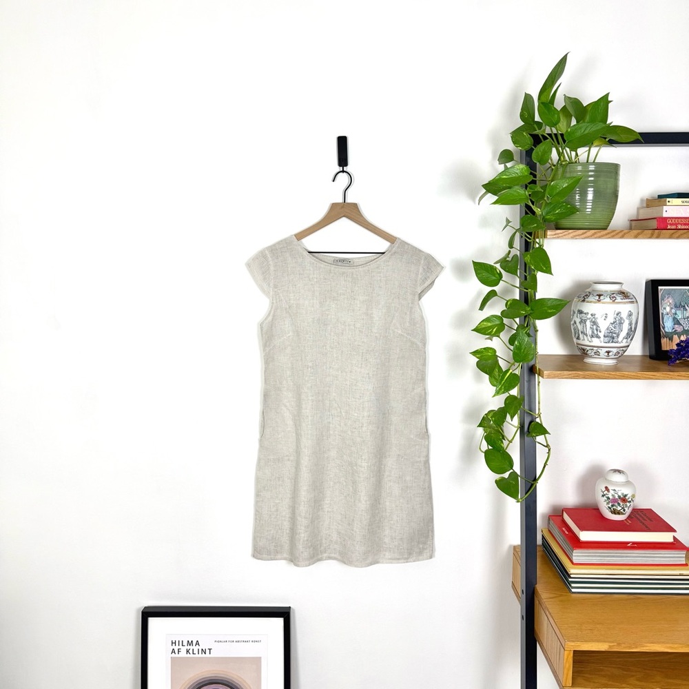 Boat neck linen shift dress in neutral/ oat